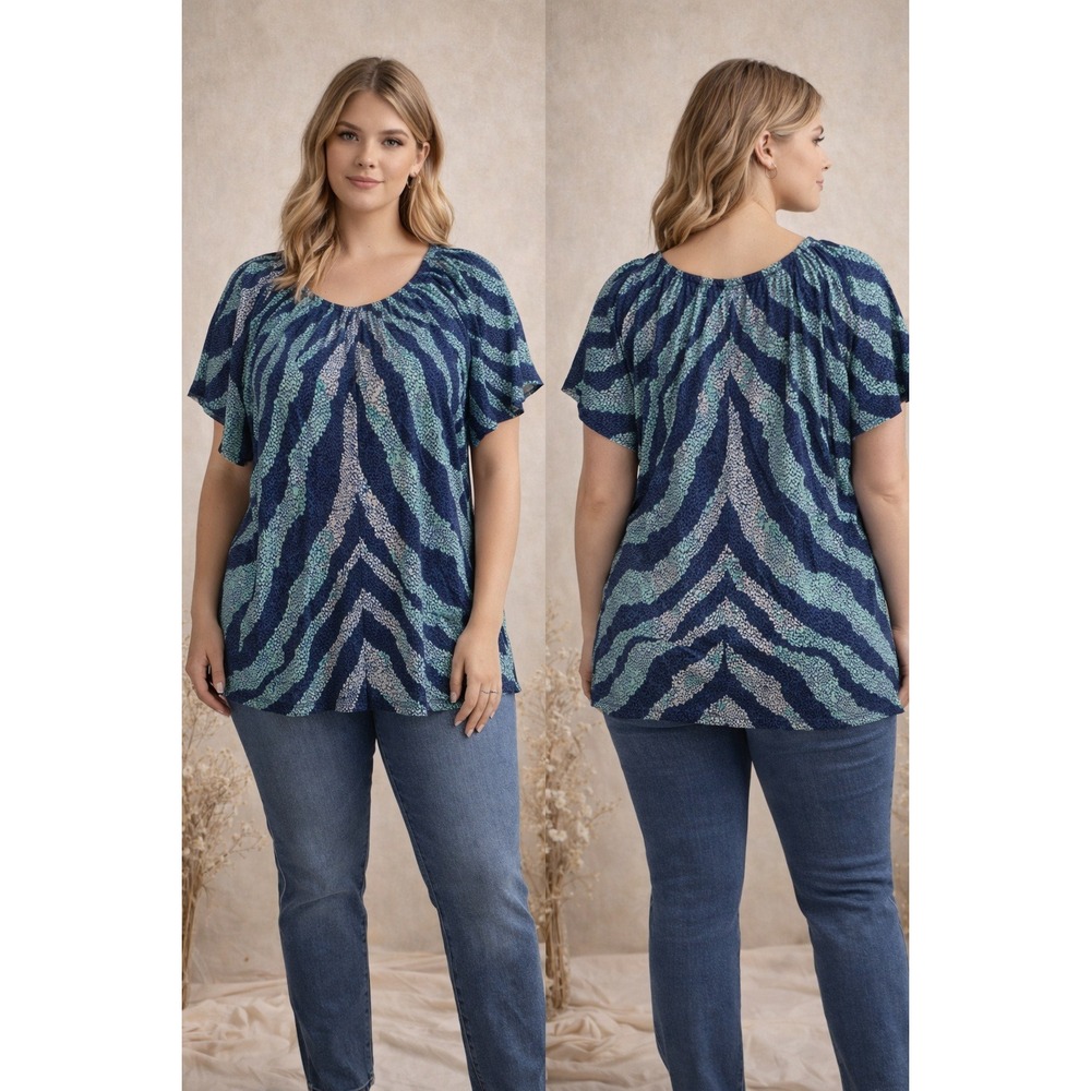 Style & Co Zebra Print Top Women XL Blue Animal Print Scoop Neck Casual Blouse